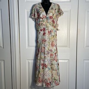 Dressbarn Floral Maxi Dress Womens 14 Beige V Neck Flutter Sleeve Twist Front